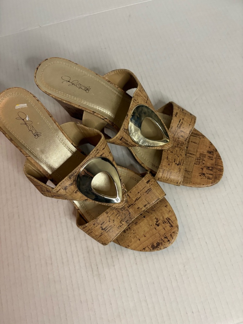 Jacqueline Smith, cork wedge sandals with gold accents size 9.